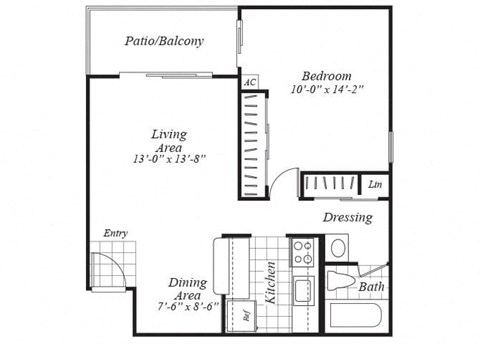 one bedroom floor plan at Ridgemoor apartments